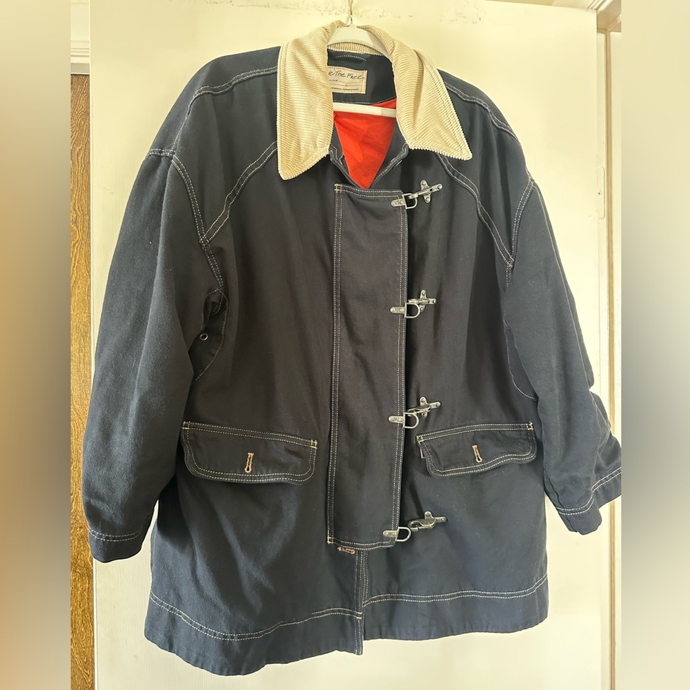 We The Free Dark Blue Denim Toggle Jacket with Tan Collar